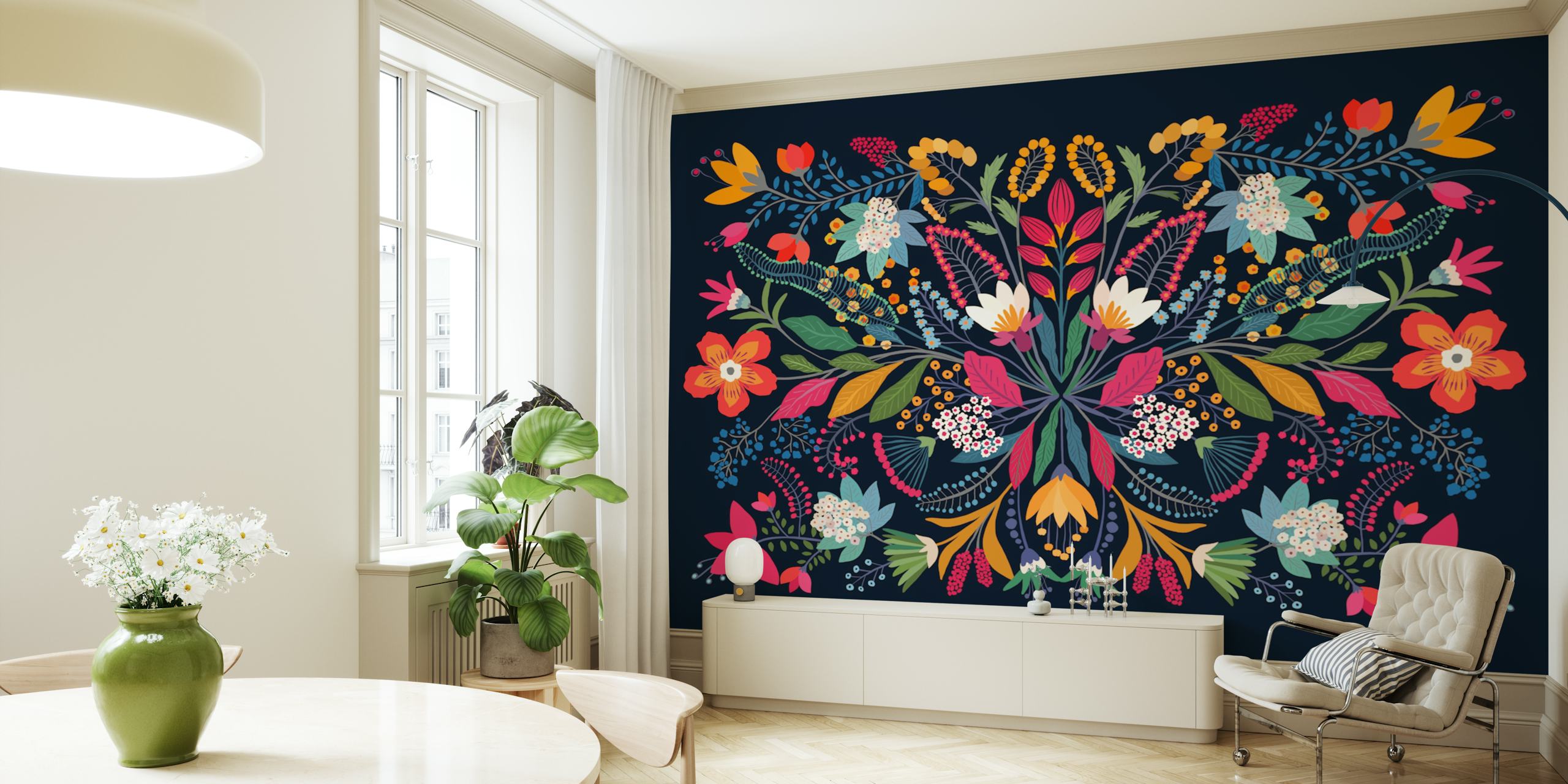 Floral wallpaper design on a dark background